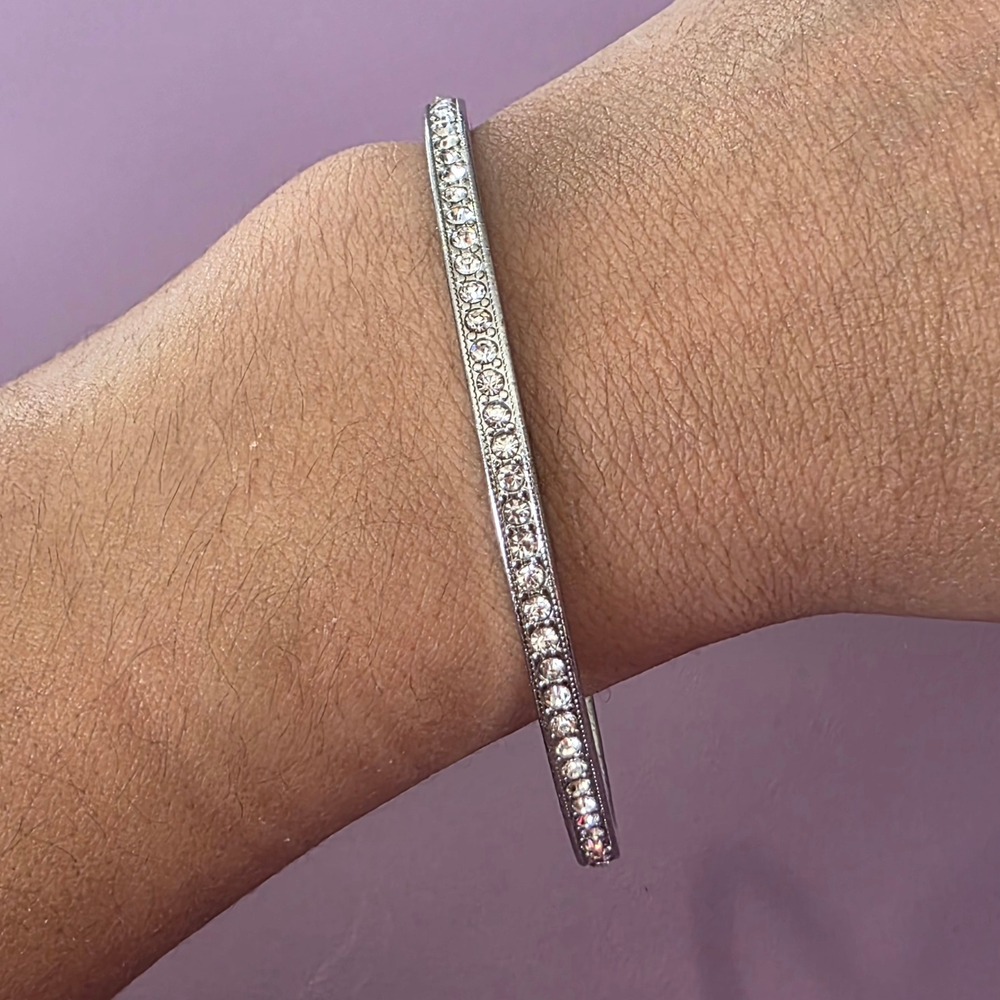 Silver Tone Pave Crystal Bangle Bracelet Milgrain Edge Slim Stackable Jewelry
